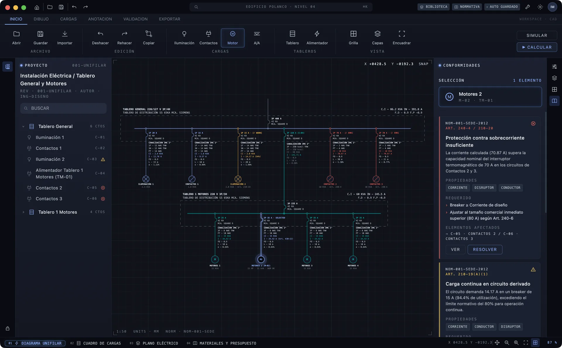 AmpWire - Diagrama unifilar con herramientas CAD profesionales